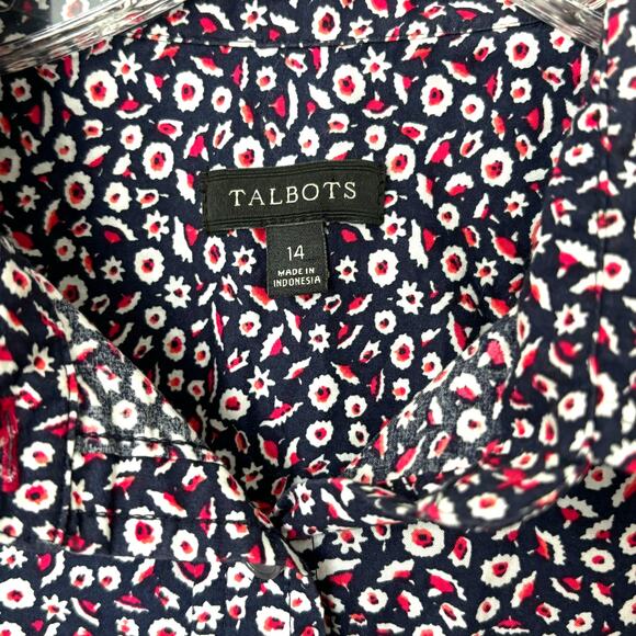 Talbots Wms 14 Blue Red Printed Roll Tab Button Up Shirt Business Casual Office - Picture 4 of 9
